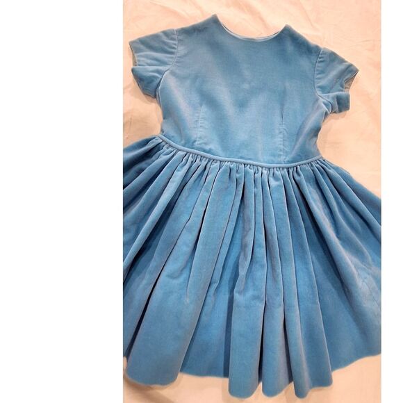 Toddler Dress Homemade Vintage Blue Velvet with White Pinafore - Picture 5 of 12